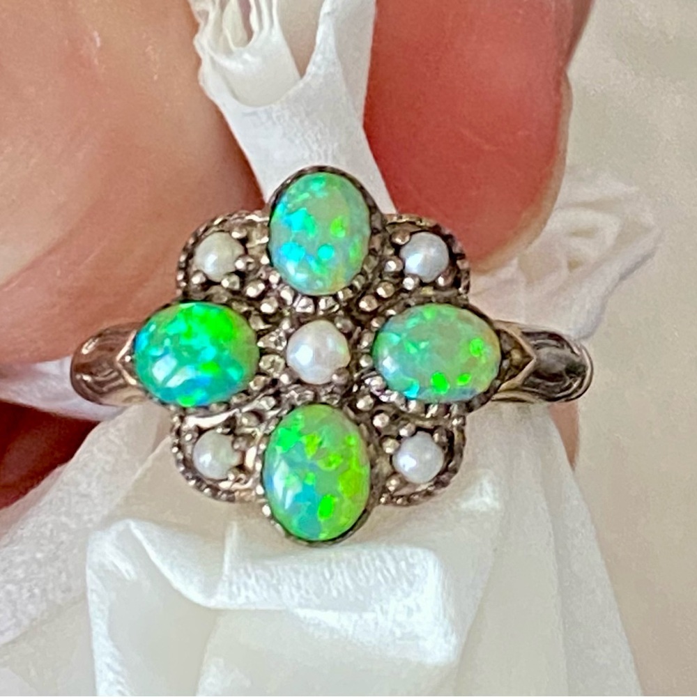 Green Fire Opal Pearl ring 6.5 925 Sterling Silver Filigree Ring